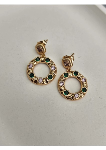 Vip Seri Rosegold Renk Pembe ve Yeşil Zirkon Taşlı Tasarım Küpe