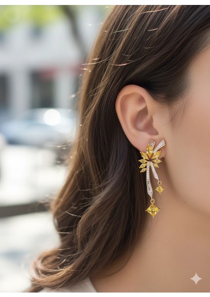 Premium Seri Sarı Zirkon Taşlı Tasarım Küpe