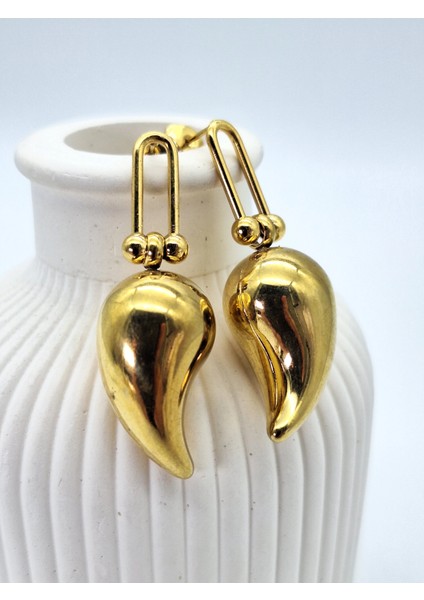 Çelik Gold Renk Tasarım Damla Küpe