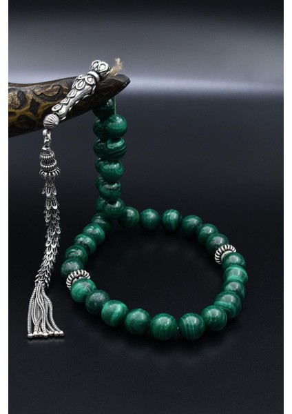 Doğal Malakit Taşlı 33'lük Tesbih 925 Ayar Gümüş Püsküllü 10MM Küre Kesim 902459