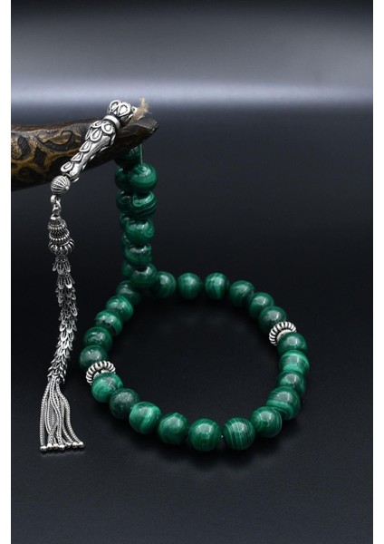 Doğal Malakit Taşlı 33'lük Tesbih 925 Ayar Gümüş Püsküllü 10MM Küre Kesim 902459 fiyatları