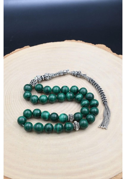 Doğal Malakit Taşlı 33'lük Tesbih 925 Ayar Gümüş Püsküllü 10MM Küre Kesim 902459 modelleri