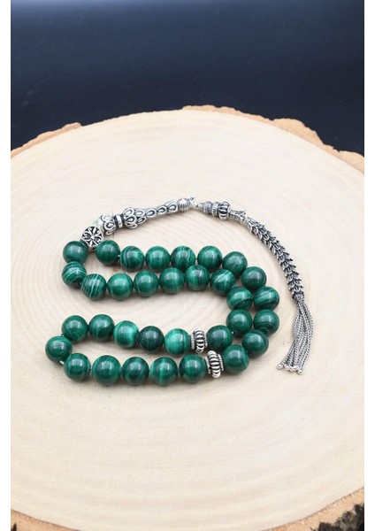 Doğal Malakit Taşlı 33'lük Tesbih 925 Ayar Gümüş Püsküllü 10MM Küre Kesim 902459 fırsatları