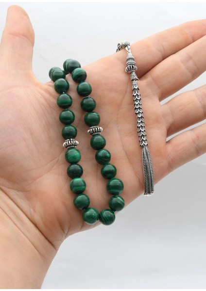 Doğal Malakit Taşlı 33'lük Tesbih 925 Ayar Gümüş Püsküllü 10MM Küre Kesim 902459 indirimleri