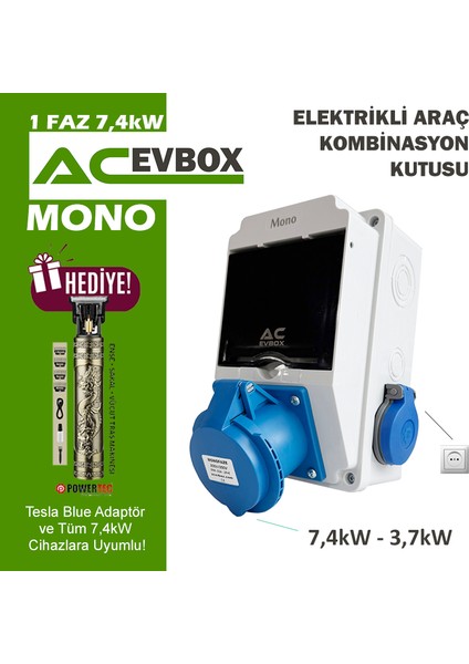 Hgsşarj "Mono" 7,4kW 3X32A + 1X16A Monofaze Kombinasyon Kutusu Tesla Mavi Adaptör ve Tüm 7,4kw Mobil Cihazlar