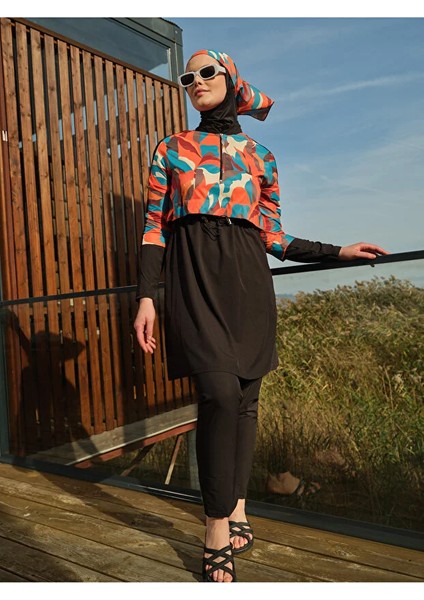 Sporcu Likra Yarım Fermuarlı Hızlı Kuruyan Kumaş Kadın Tesettür Mayo(Bandana Dahil Değildir) 3024