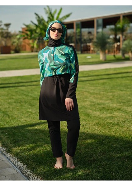 Sporcu Likra Yarım Fermuarlı Hızlı Kuruyan Kumaş Kadın Tesettür Mayo(Bandana Dahil Değildir) 3024