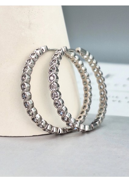 Vip Seri Gümüş Renk Zirkon Taşlı Halka Küpe