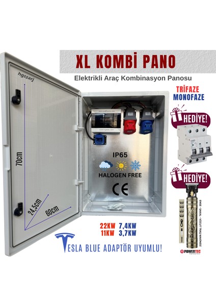 "xlkombi" 5X32A + 3X32A + 1X16A 22KW Trifaze 7kw Monofaze Elektrikli Araç Kombinasyon Panosu Tesla Blue Adaptör Uyumlu Vı Ko Sigorta Grubu Kombinasyon Kutusu