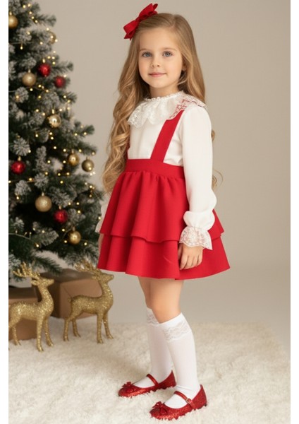 Kız Çocuk Helen Kırmızı Askılı Kat Kat Bağlama Jile Elbise Dantel Detay Ekru Uzun Kollu Bluz Takım TKM-0190.3