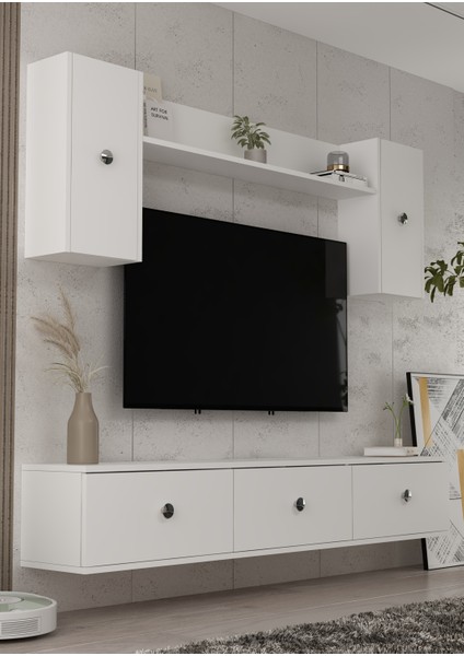 1334TV180-1CT Duvara Montaj Tv Sehpası, Tv Ünitesi Beyaz-Gümüş