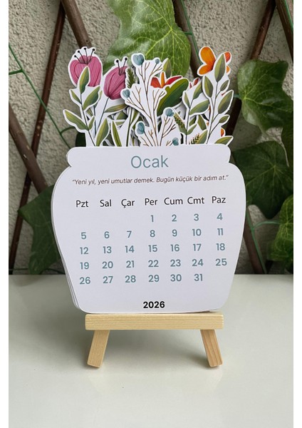 2026 Çiçekli Masaüstü Takvim + Tahta Stand