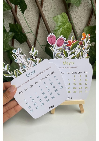 2026 Çiçekli Masaüstü Takvim + Tahta Stand fiyatları