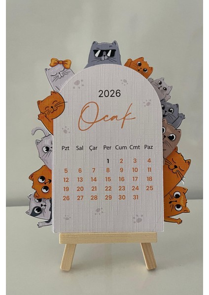 2026 Takvim -Kedili Masaüstü Tahta Stand