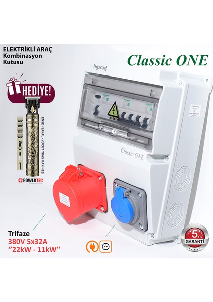 "Classic One" 22kW Trifaze 5X32A + 1X16A Elektrikli Araç Kombinasyon Kutusu Kaçak Akım Röle 5 Yıl Garanti