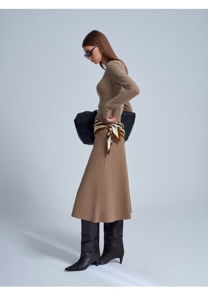 80390 Beli Lastikli Örme Midi Etek-Vizon modelleri