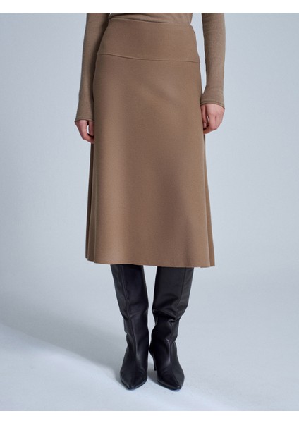 80390 Beli Lastikli Örme Midi Etek-Vizon fırsatları