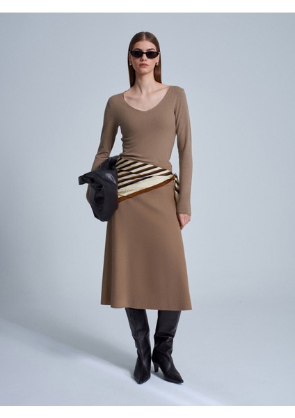 80390 Beli Lastikli Örme Midi Etek-Vizon indirimleri