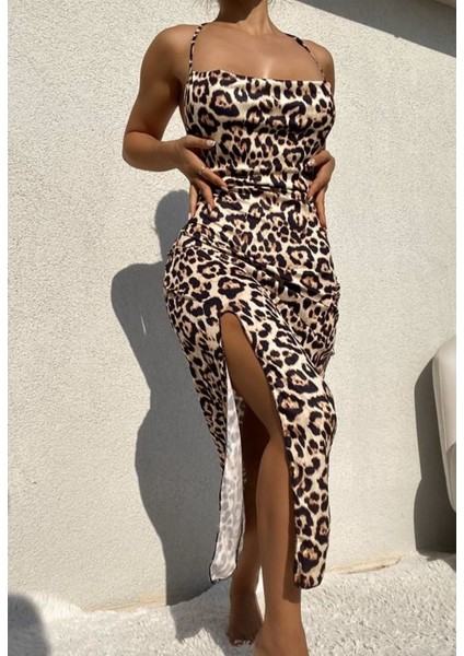 Yırtmaçlı Maxi Boy Sırt Dekolteli Leopar Kadın Fantezi Gece Elbise