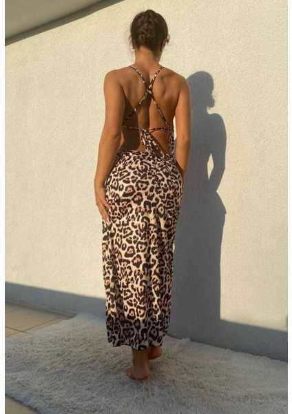 Yırtmaçlı Maxi Boy Sırt Dekolteli Leopar Kadın Fantezi Gece Elbise fiyatları