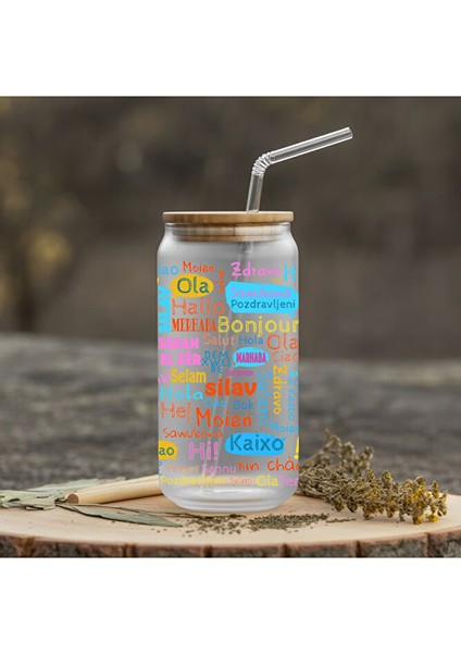 Tüm Dillerde Selamlaşma Tasarımlı Pipetli Su Süt Meyve Suyu Cam Suluk (600 Ml)