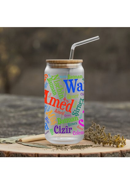 Kürt Şehir Isimleri Temalı Pipetli Su Süt Meyve Suyu Cam Suluk - Amed Suluk (600 Ml)