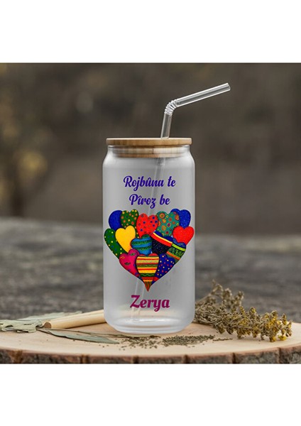 Isme Özel Kürtçe Doğum Günü Tasarımlı Cam Suluk - Rojbûna Te Piroz Be (Isim Için Mesaj Çekiniz)