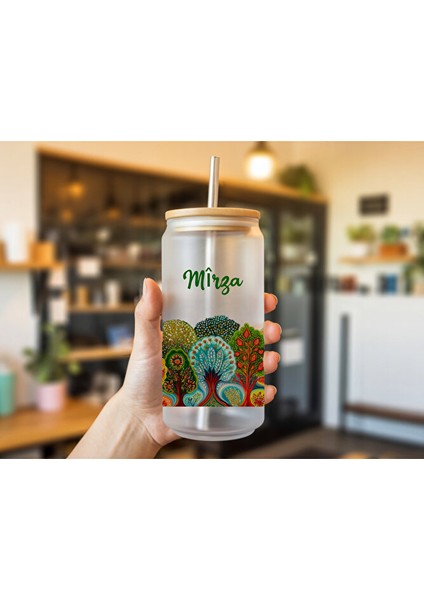 Isme Özel Ağaçlı Pipetli Su Süt Meyve Suyu Cam Suluk - Ağaç Tasarmlı Suluk (Isim Için Mesaj Çekiniz)