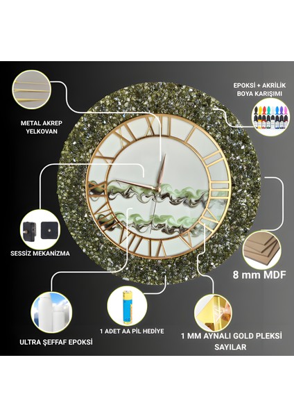 Duvar Saati - 35CM - Modern Dekoratif Duvar Saati - Epoksi Duvar Saati - El Yapımı Duvar Saati - Yeşil Şık Duvar Saati