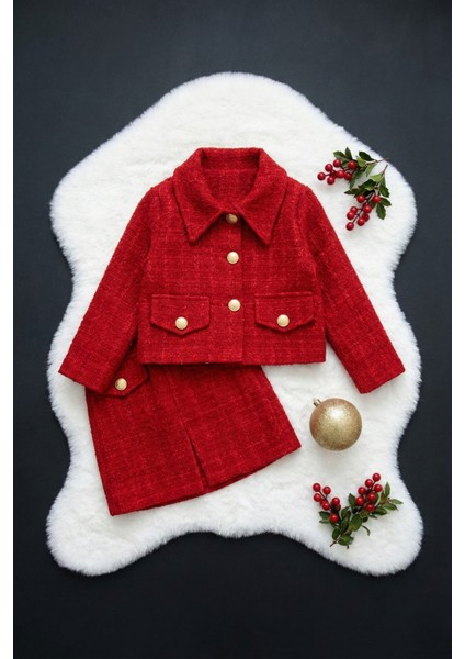 Kız Çocuk Kırmızı Carmen Tüvit Uzun Kollu Düğmeli 23 Nisan Etek Ceket Takım fiyatları