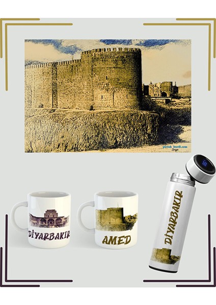 Amed Diyarbakır Tasarımlı Kupa ve Termos Set - Diyarbakır Posteri Posteri (2 Kupa 1 Termos 1 Poster)