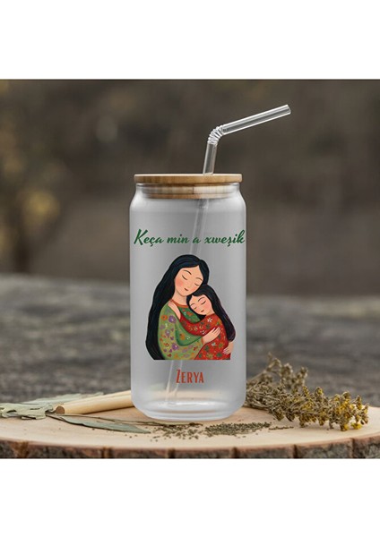 Çocuklar Için Isme Özel Pipetli Su Süt Cam Suluk - Kürtçe Cam Suluk (Isim Için Mesaj Çekiniz)