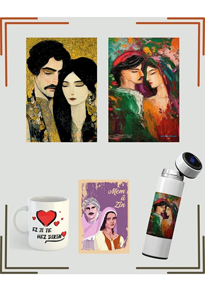 Mem Û Zin Resimli Poster Termos - Kürtçe Ez Ji Te Hez Dikim Kupası - Sevgililere Özel Kürtçe Set