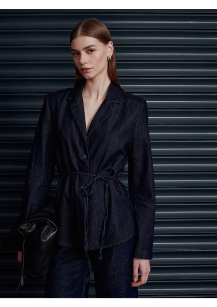 65383 %100 Pamuk Kemerli Kot Ceket-Lacivert