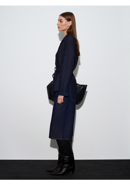 65383 %100 Pamuk Kemerli Kot Ceket-Lacivert modelleri