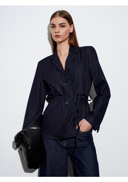 65383 %100 Pamuk Kemerli Kot Ceket-Lacivert fırsatları