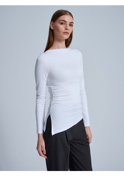 32198 Kayık Yaka Büzgülü Top-Açık Ekru modelleri