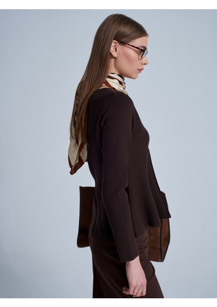 10824 Bisiklet Yaka Peplum Triko Top-Koyu Kahve