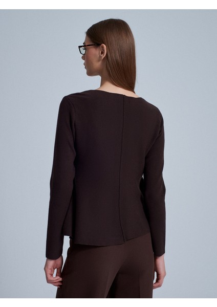 10824 Bisiklet Yaka Peplum Triko Top-Koyu Kahve fırsatları