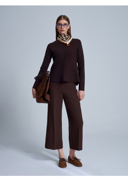 10824 Bisiklet Yaka Peplum Triko Top-Koyu Kahve indirimleri