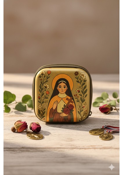 Azize Figürlü Fermuarlı Mini Kılıf - Manevi Temalı Taşıma Çantası (Rozaryo/takı/kulaklık)