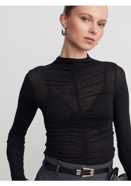 32333 Kaşmir Karışımlı Büzgülü Bluz-Siyah modelleri