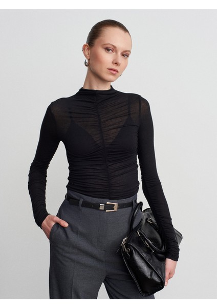 32333 Kaşmir Karışımlı Büzgülü Bluz-Siyah fırsatları