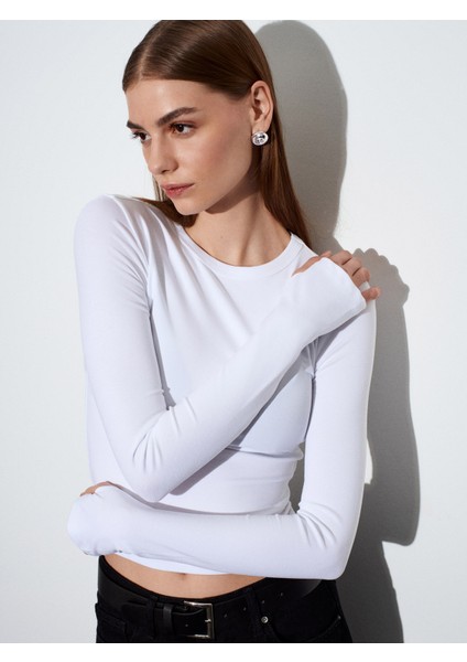 32319 Modal Karışımlı Uzun Kollu Top-Beyaz