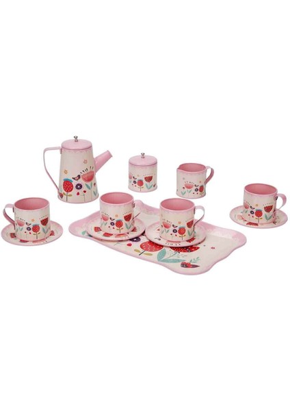 Çiçek Desenli Metal Çay Seti 12 Parça – Evcilik Oyuncağı