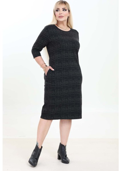 Çift Cepli Desenli Esnek Kışlık Büyük Beden Midi Elbise 44A-2751 fiyatları