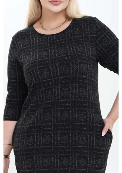 Çift Cepli Desenli Esnek Kışlık Büyük Beden Midi Elbise 44A-2751 modelleri