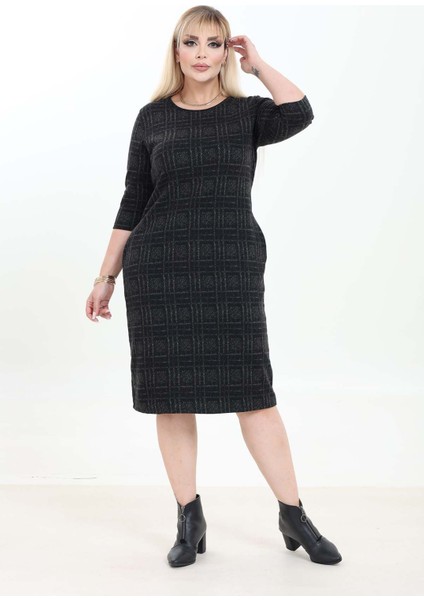 Çift Cepli Desenli Esnek Kışlık Büyük Beden Midi Elbise 44A-2751 fırsatları