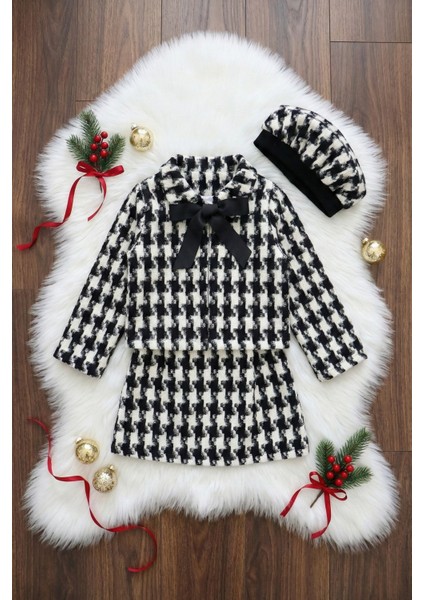 Kız Çocuk Santa Siyah Beyaz Ekose Alt Üst Etek Ceket Kepli Üçlü Takım TKM-0171.05 fiyatları