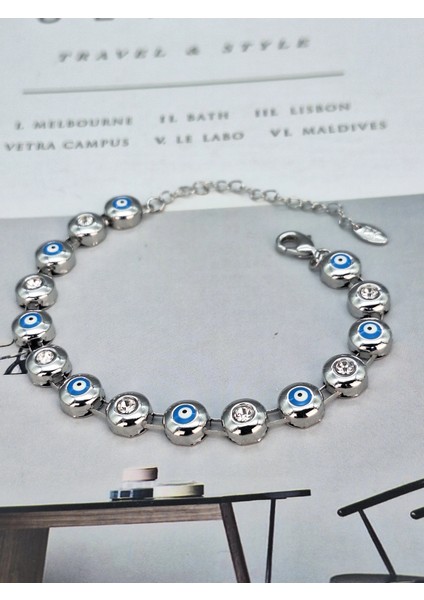 Vip Seri Gümüş Renk Nazar Taşlı Tasarım Bileklik